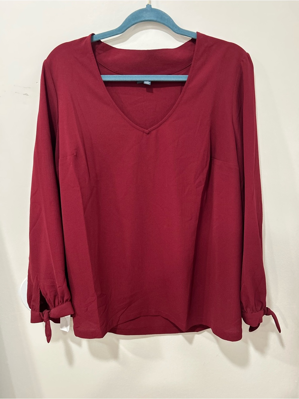 Modcloth Burgundy V-Neck Long Sleeve Tie-Cuff Blouse